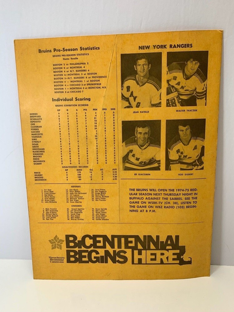 Bruins vs Rangers Oct 7 1974 Program