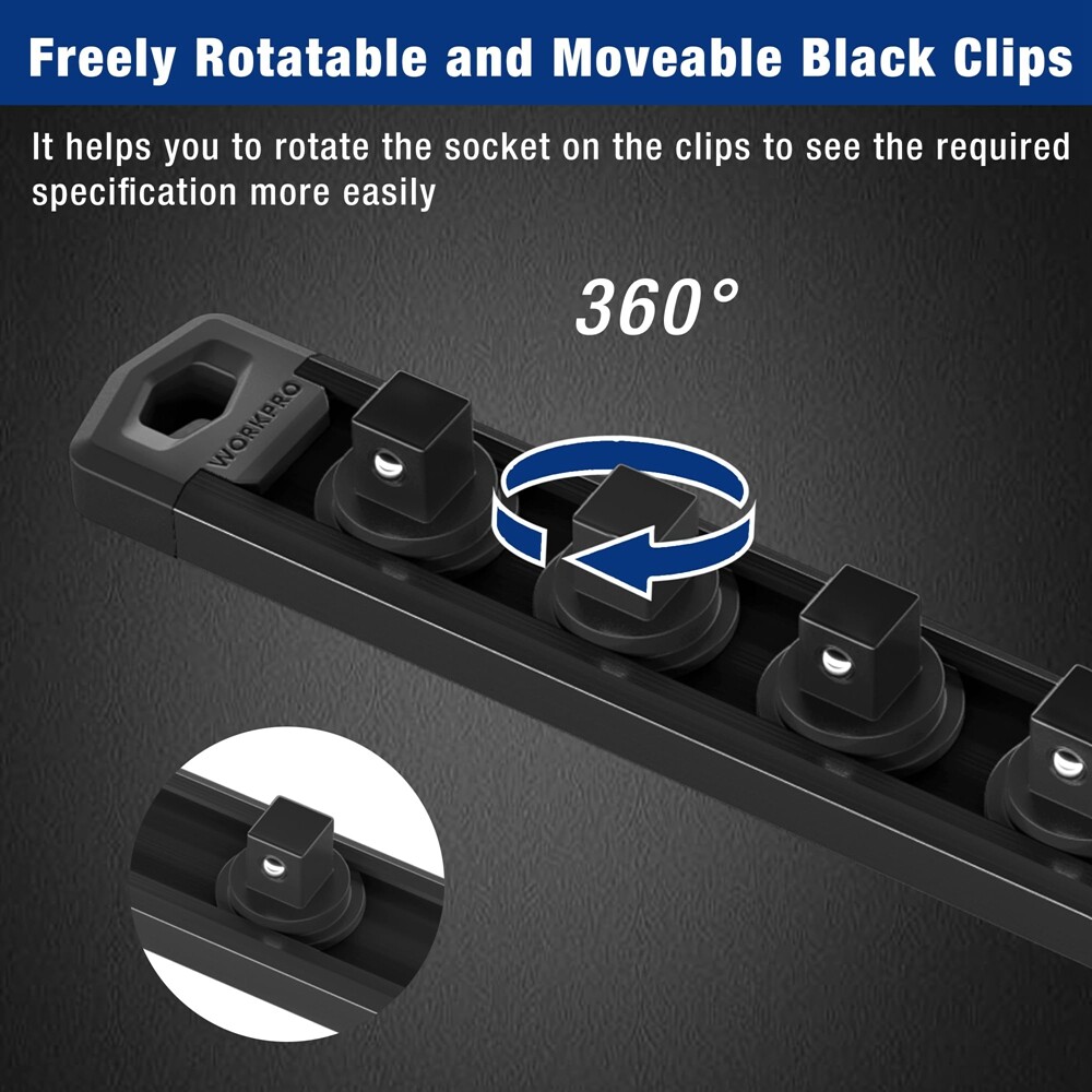 WORKPRO 3/8" Drive Magnetic Socket Organizer Aluminum Alloy Socket Rail 10 Clips