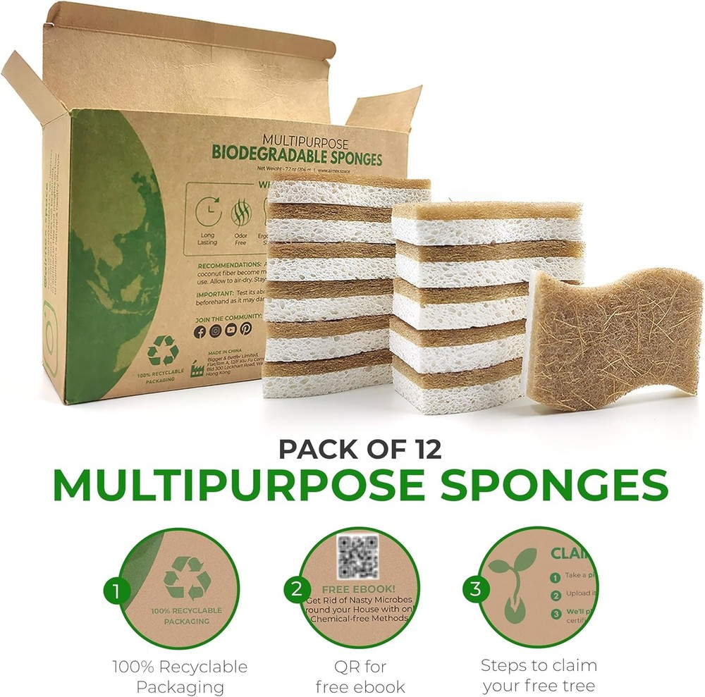 Biodegradable Natural Kitchen Sponge - Compostable Cellulose and Coconut Walnut