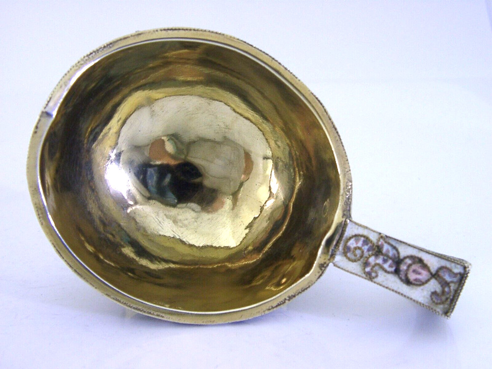 BEAUTIFUL RUSSIAN 84 SOLID SILVER GILT ENAMEL KOVSH CUP