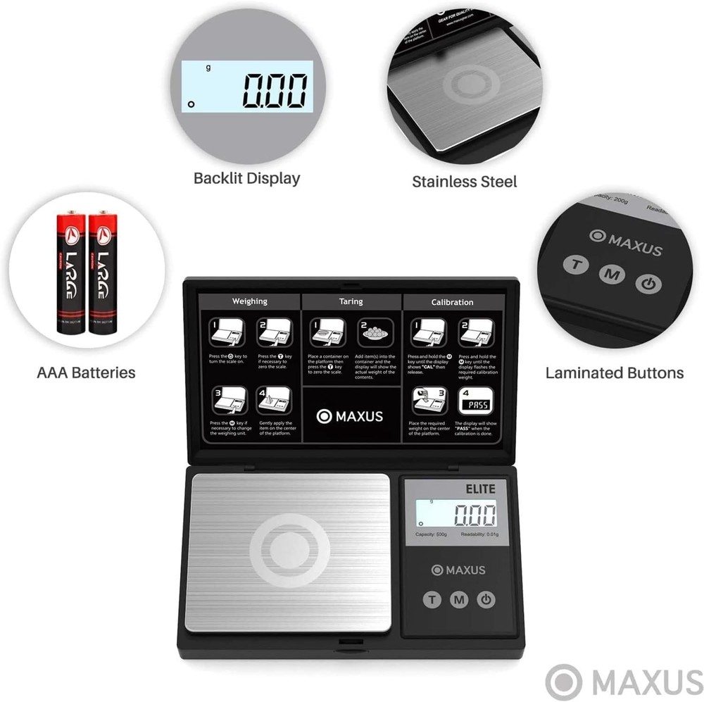 MAXUS Digital Pocket Gram Scale 500g x 0.01g High Precision Compact, Black
