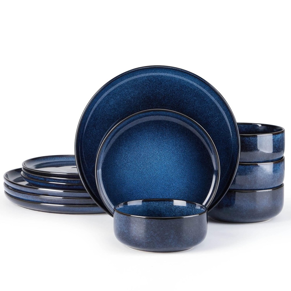 Dinnerware Sets for 4, 12-Piece Stoneware Plates Deep Sea Blue Service for 4