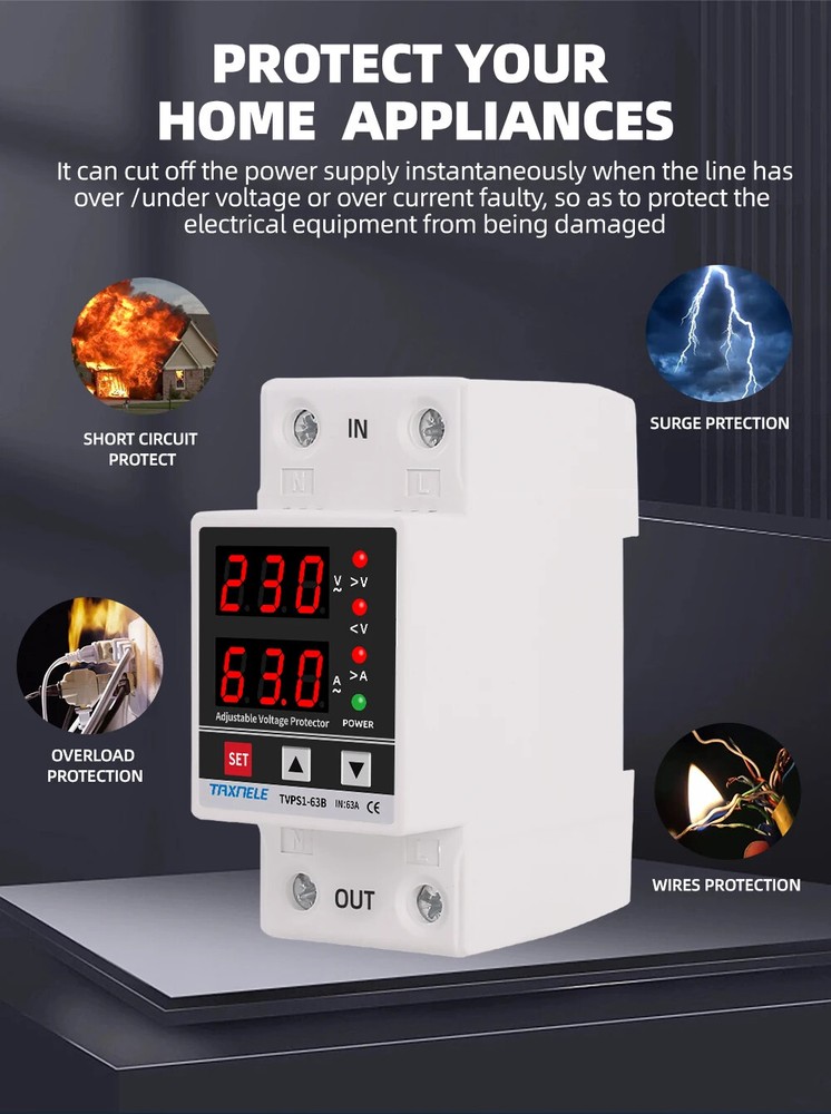 220V 63A Adjustable Voltage Relay Over Under Voltage Protector Wattmeter Meter