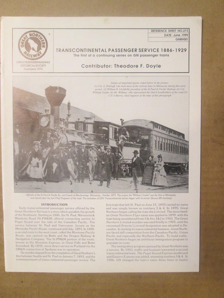 Great Northern Reference Sheet 273 Transcontinental Passenger Service 1886-1929
