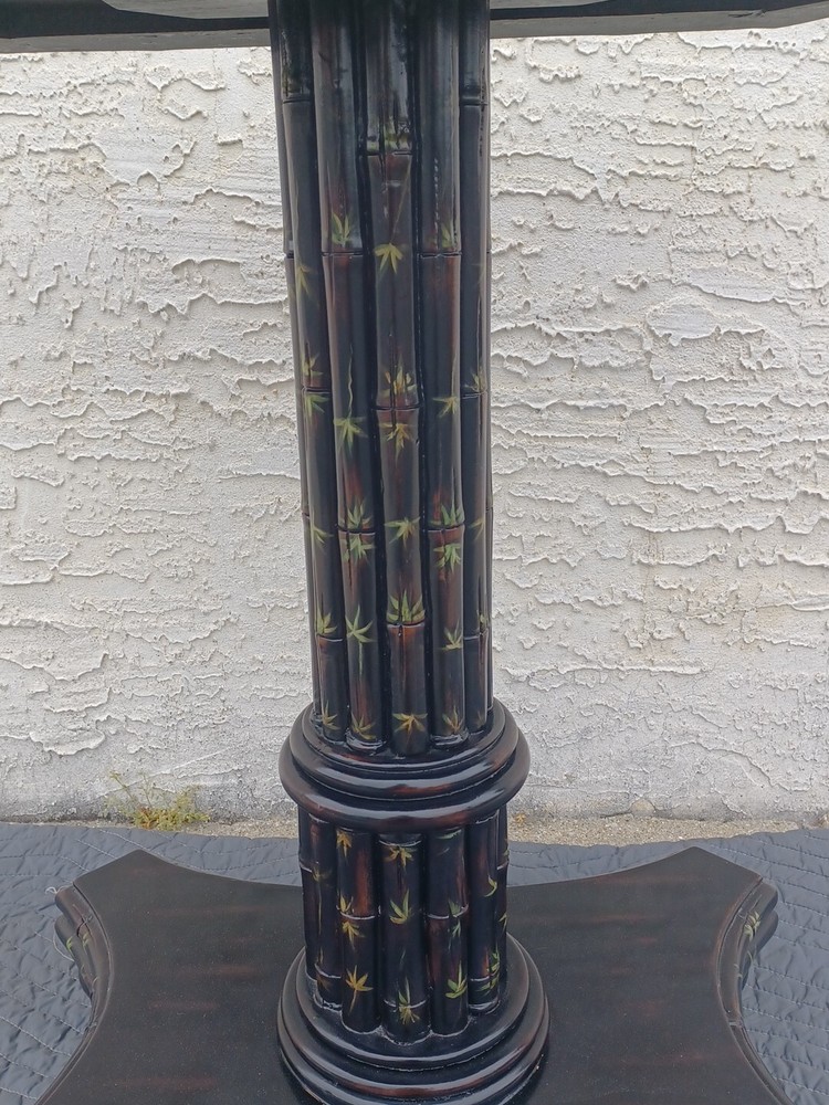 Maitland Smith Side Table Ebonized Faux Bamboo Leather Top Hand Painted Table