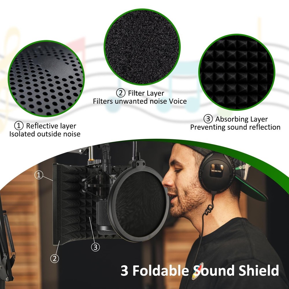 Microphone Isolation Shield with Mic Stand and Pop Filter, Foldable Sound Shi...