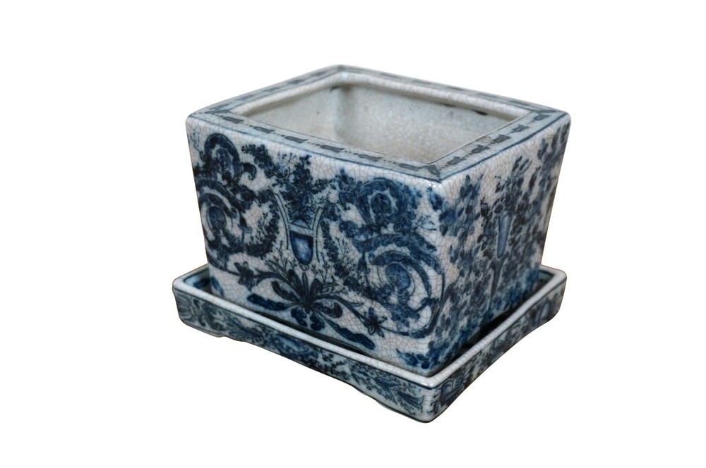 United Wilson Blue & White Rectangular Planter & Underplate Cache Pot Vase 6"