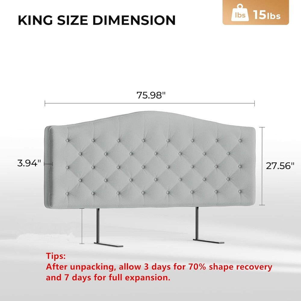 Modern Grey King Size Upholstered Headboard, Button-Tufted Design