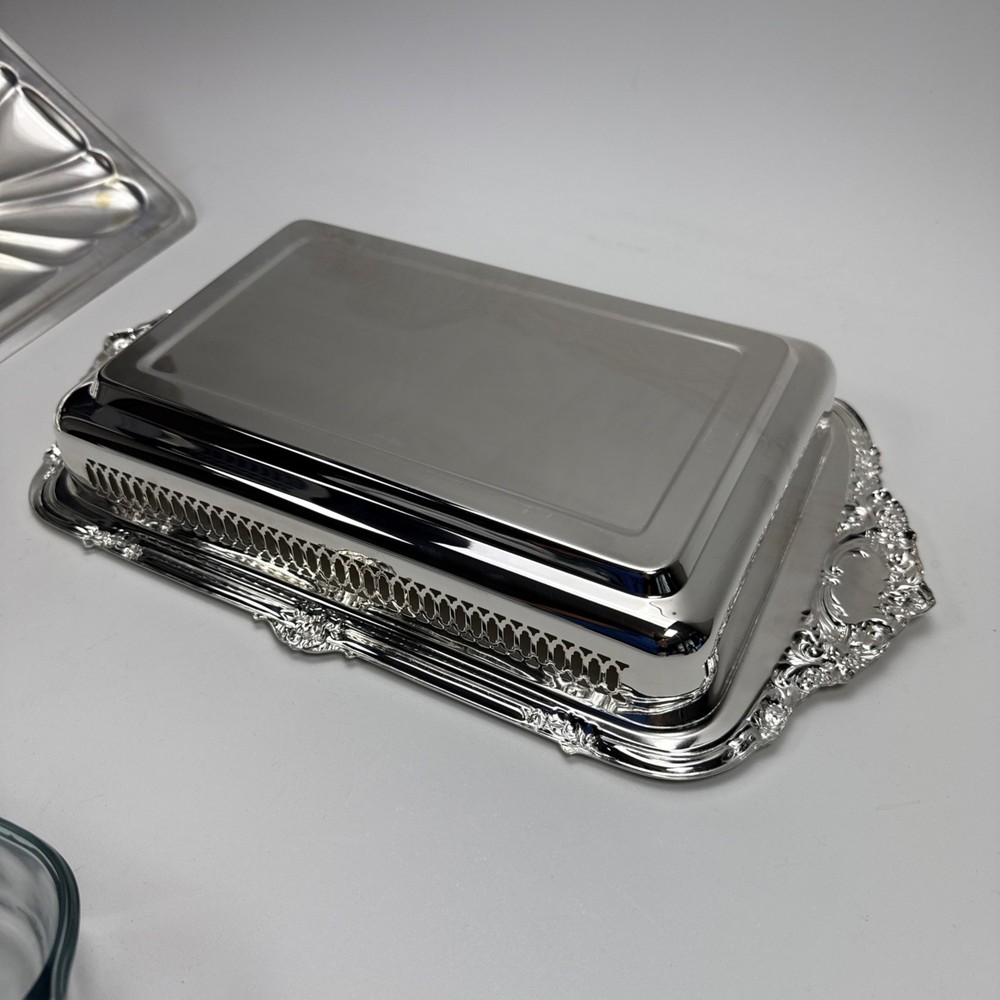 Silver Played Rectangular Chafing Serving Dish with Glass Dish & Lid 17" X 10"