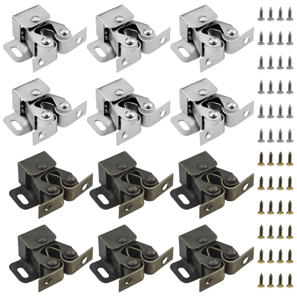 12 PCS Cabinet Door Latch Double Roller Catch, Cold Rolled Bronze, Silver