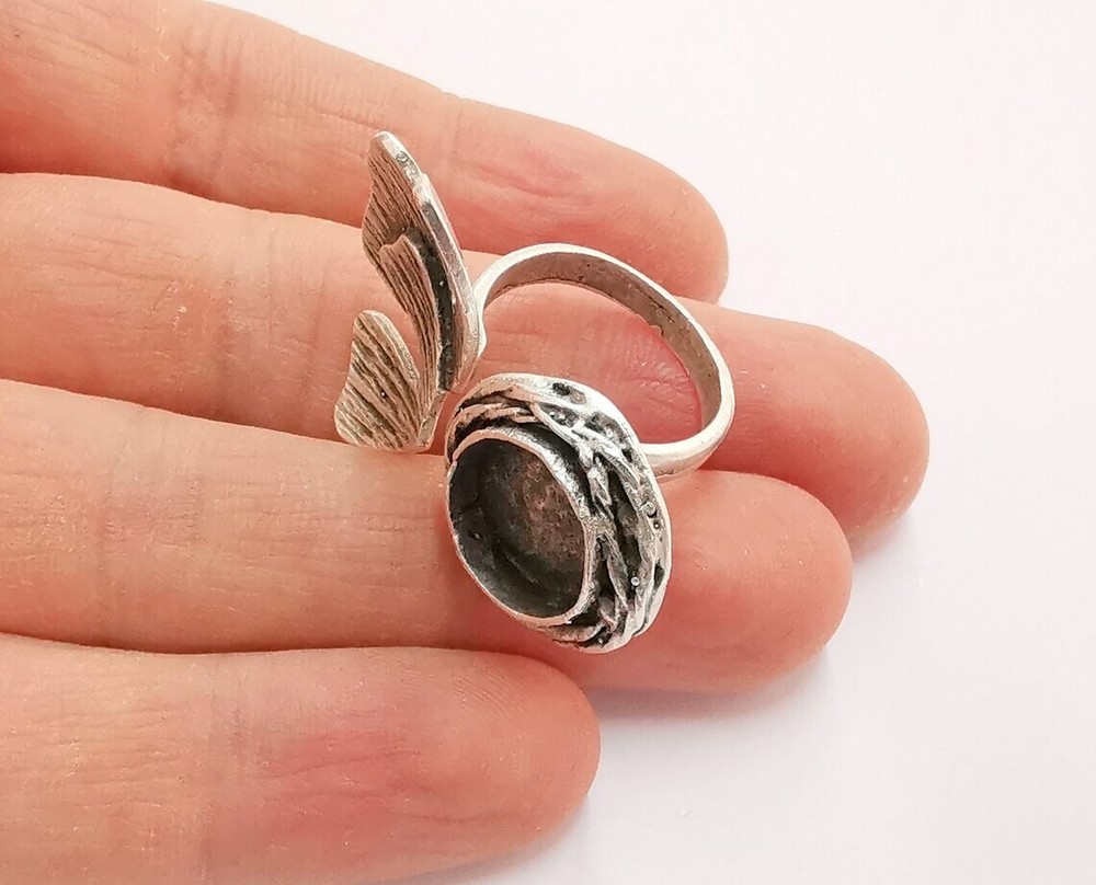 Flower Silver Ring Setting Blank Cabochon Ring Mounting Adjustable Brass G21098