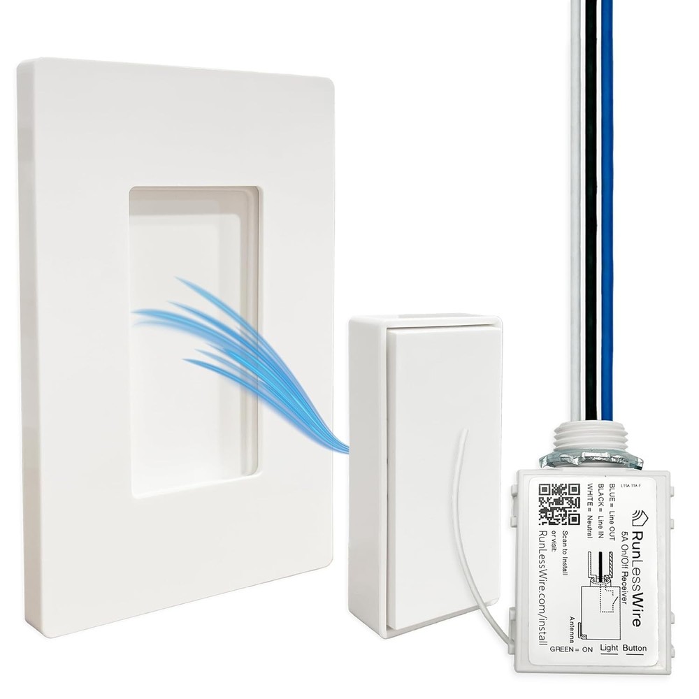 RunLessWire Single Pole Detachable Battery-Free Wireless Light Switch 150ft RF