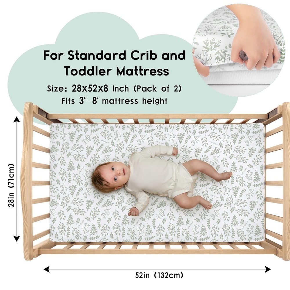 Durable & Easy Care Baby Crib Sheets 2 Pack - Soft Microfiber 28x52 Green Leaf