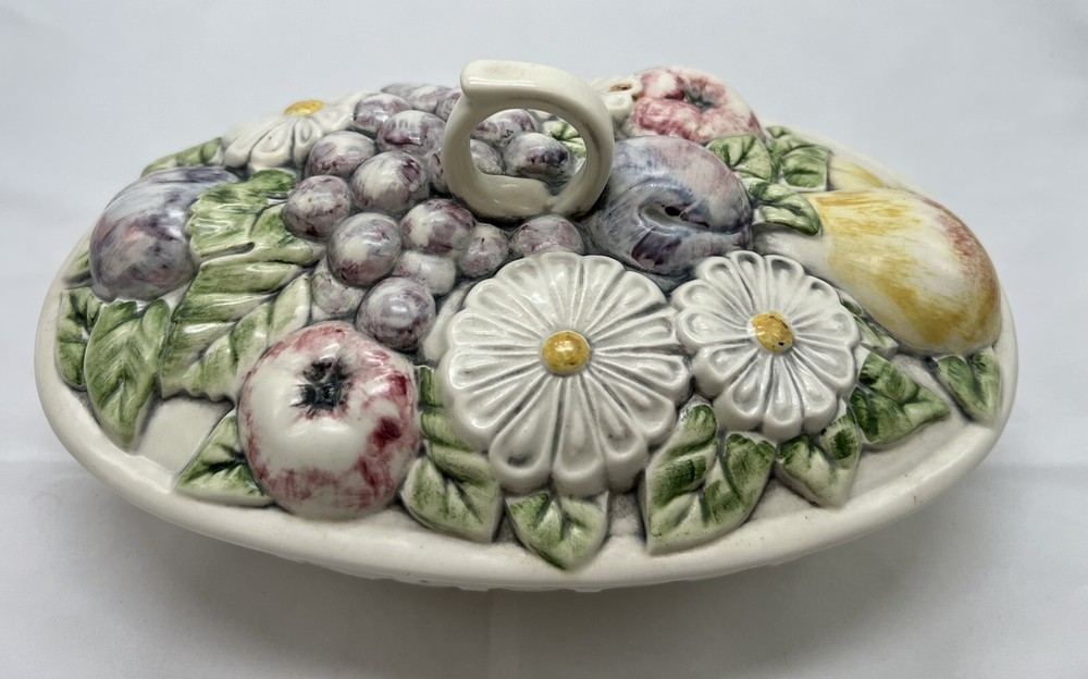 Candy Dish Ceramic Lidded Dish Hand Painted & Signed Weaved Bottom VTG Fruit