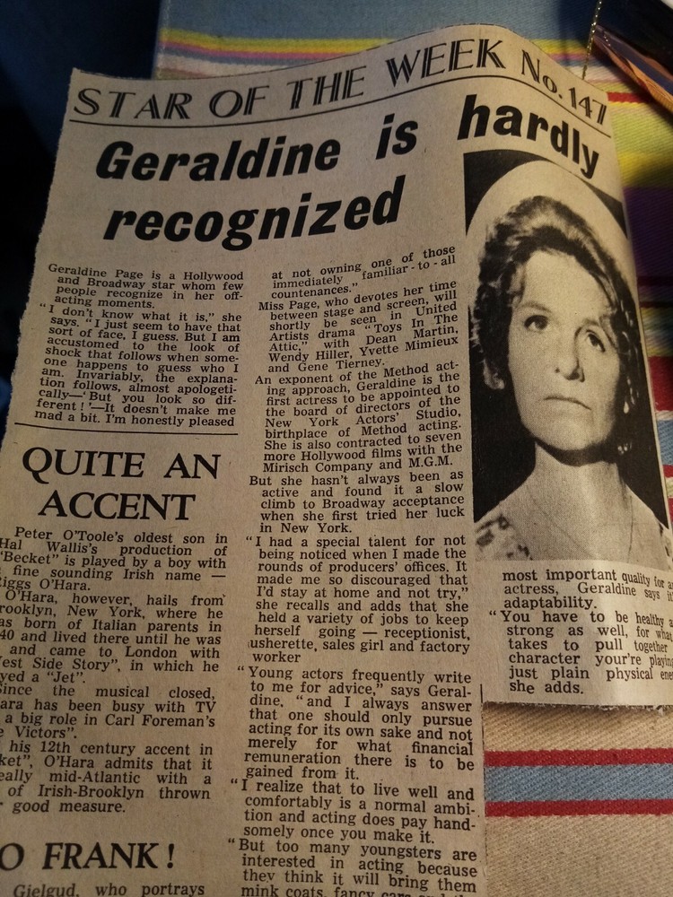 Wtr4  Ephemera 1963 article actress Geraldine page