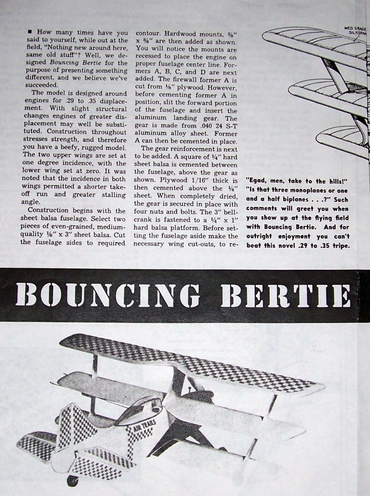 BOUNCING BERTIE PLAN + CONSTRUCTION ARTICLE to Build Famous 32" Model Airplane