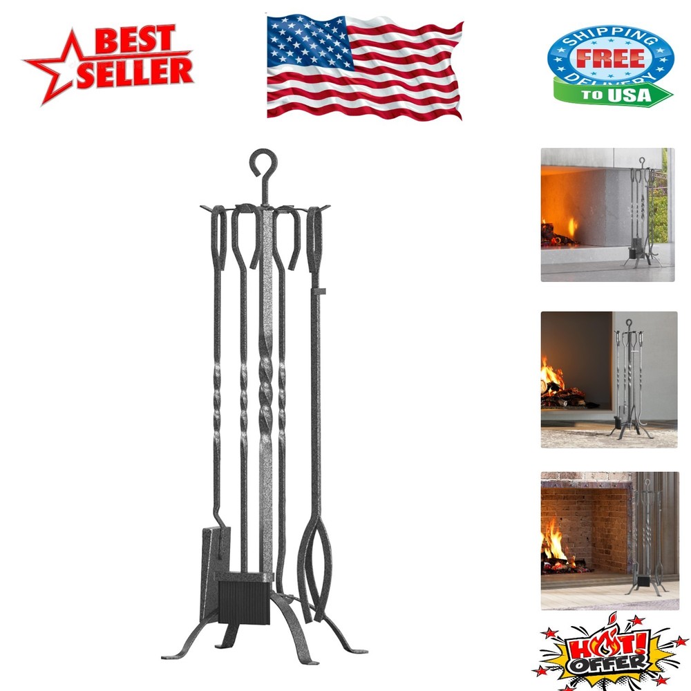 5-Piece Fireplace Accessory Kit in Pewter with Heavy-Duty Firepit Tools