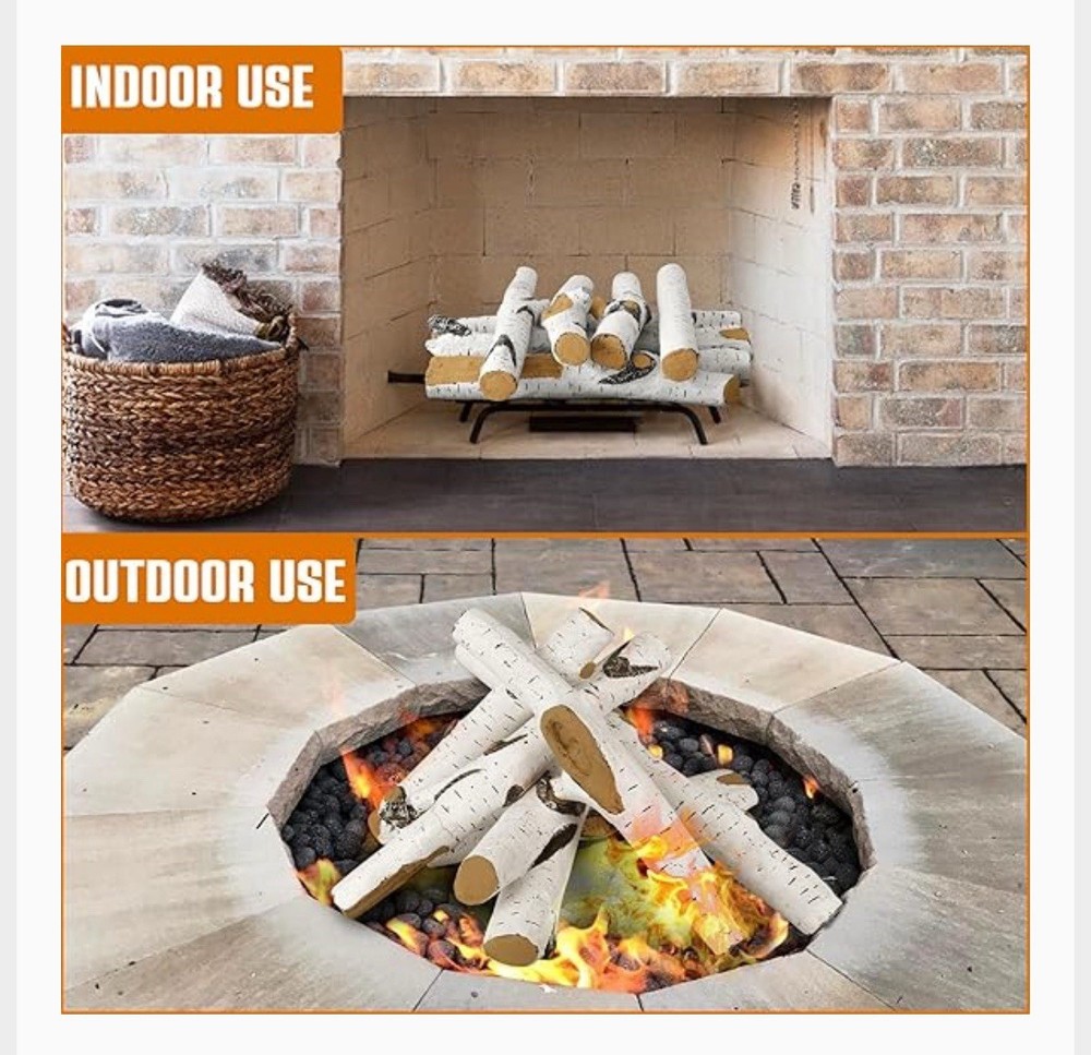 Large 6 Pcs Gas Fireplace Fire Pit White Birch Ceramic Logs Set-New