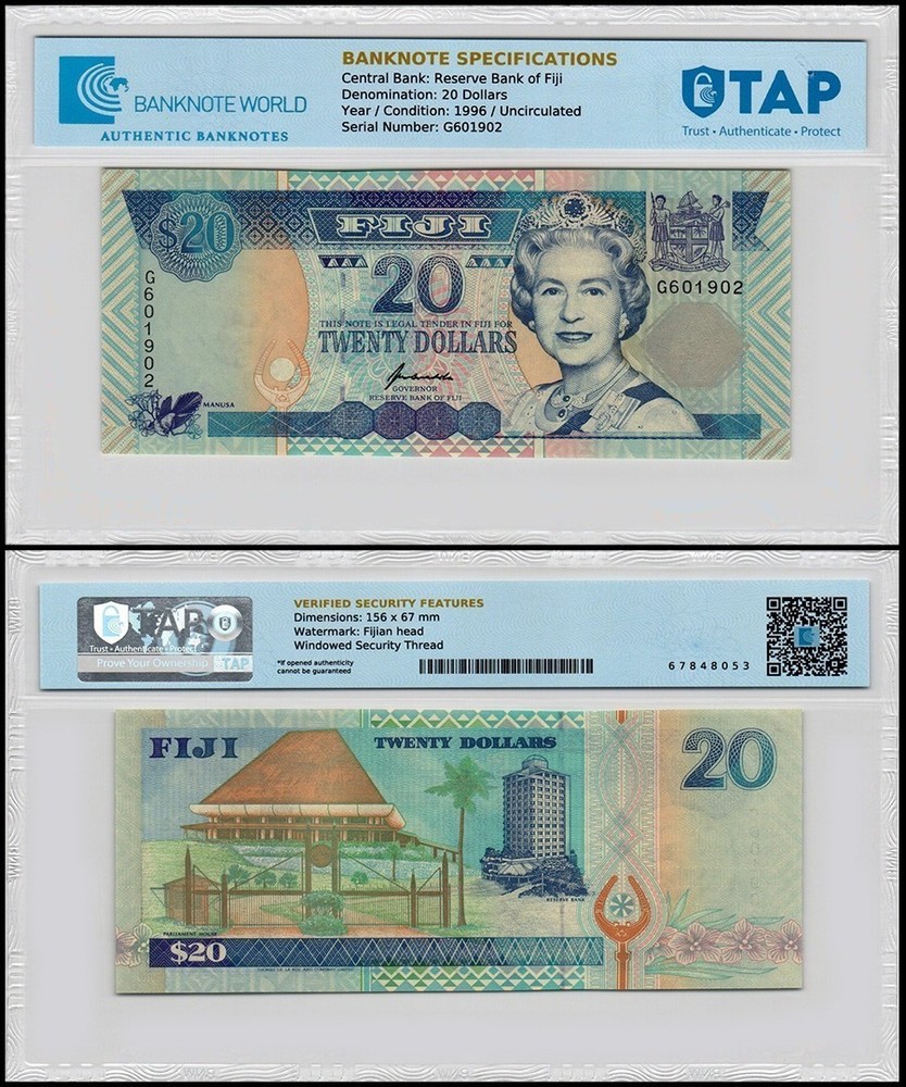 Fiji 20 Dollars, 1996 ND, P-99a, UNC, TAP Authenticated