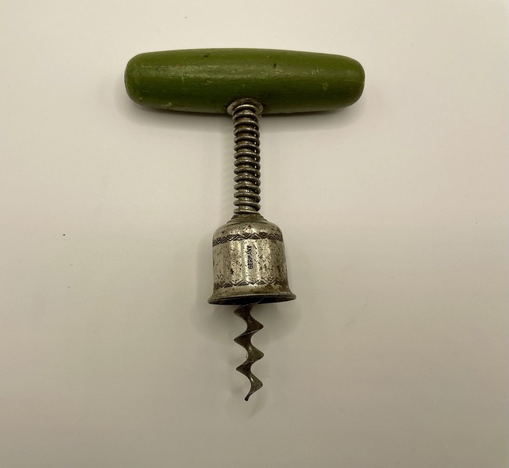 Antique 1908 Made in Germany Cap Lifter Spring Loaded Corkscrew Green Handle