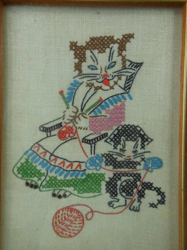 Vintage Cross Stitch Cats Knitting Framed Needlepoint Kitten