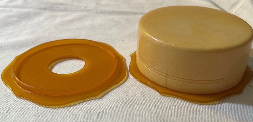 Vintage Bakelite Celluloid Container Yellow Gold w/2 Lids