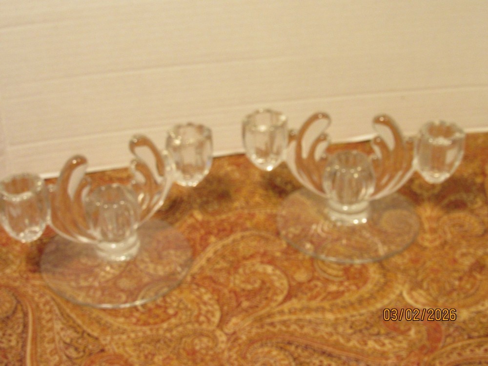 PAIR   Elegant  Triple Candleholders clear glass 7"  x  4"    EUC