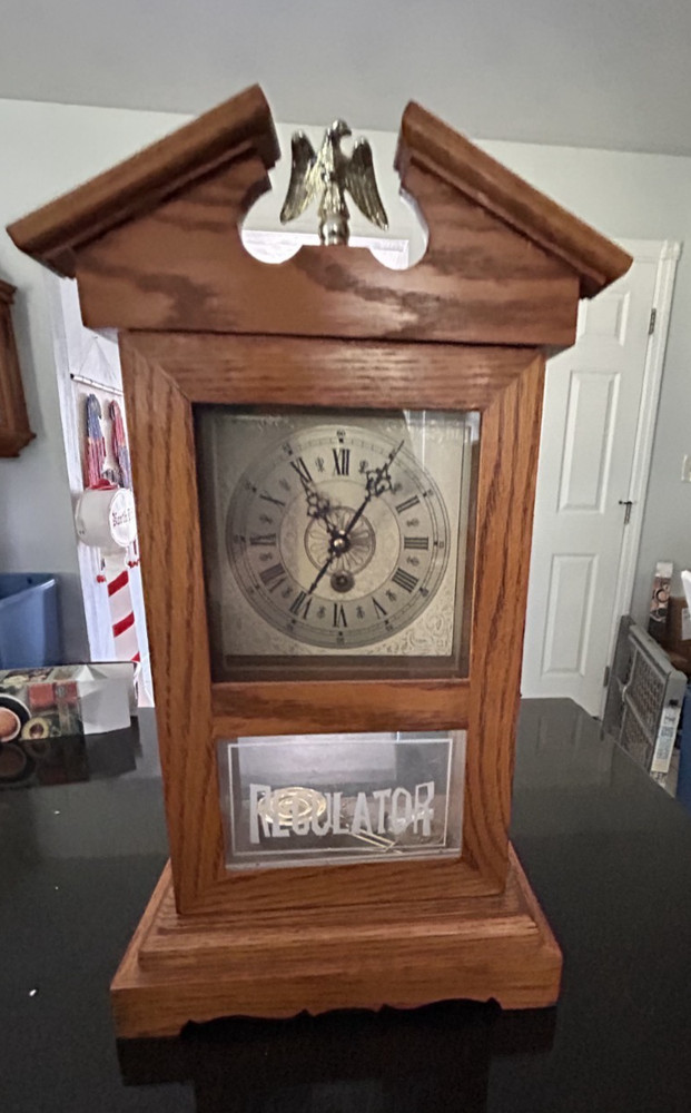 Vintage Oak Regulator Wall Clock Brass Eagle Finial Key Wind