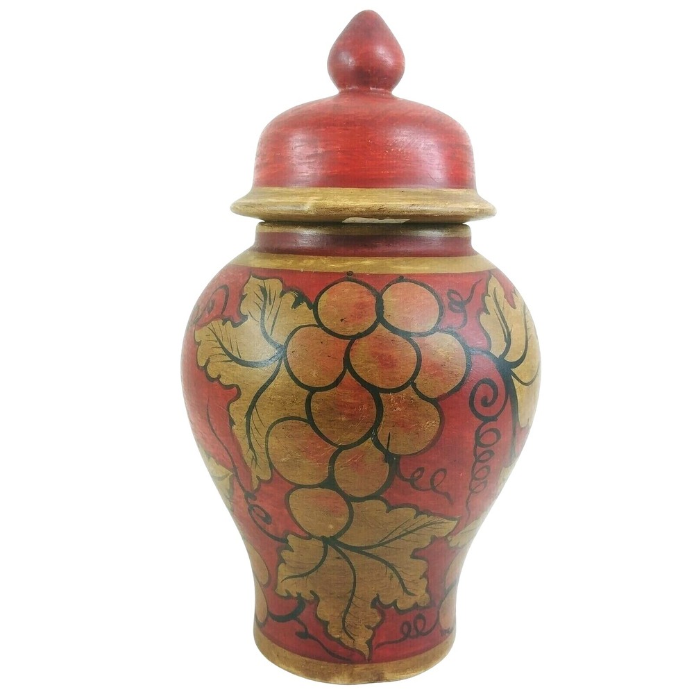 Storage Urn Canister Ginger Jar Lid Hand Painted Grapevine Design