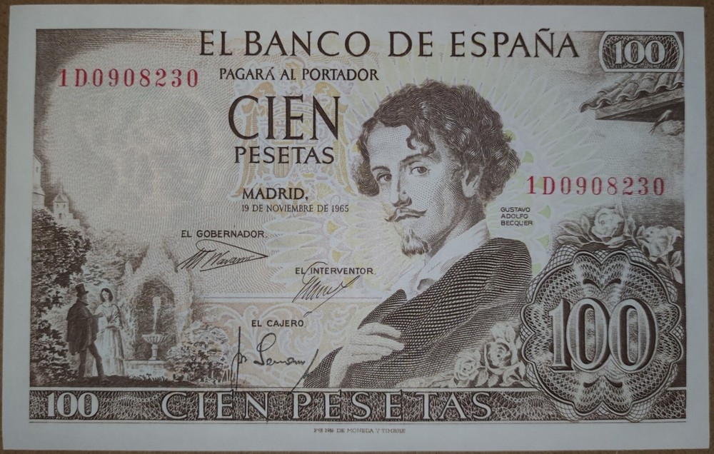 Spain 100 pesetas 1965 AUNC