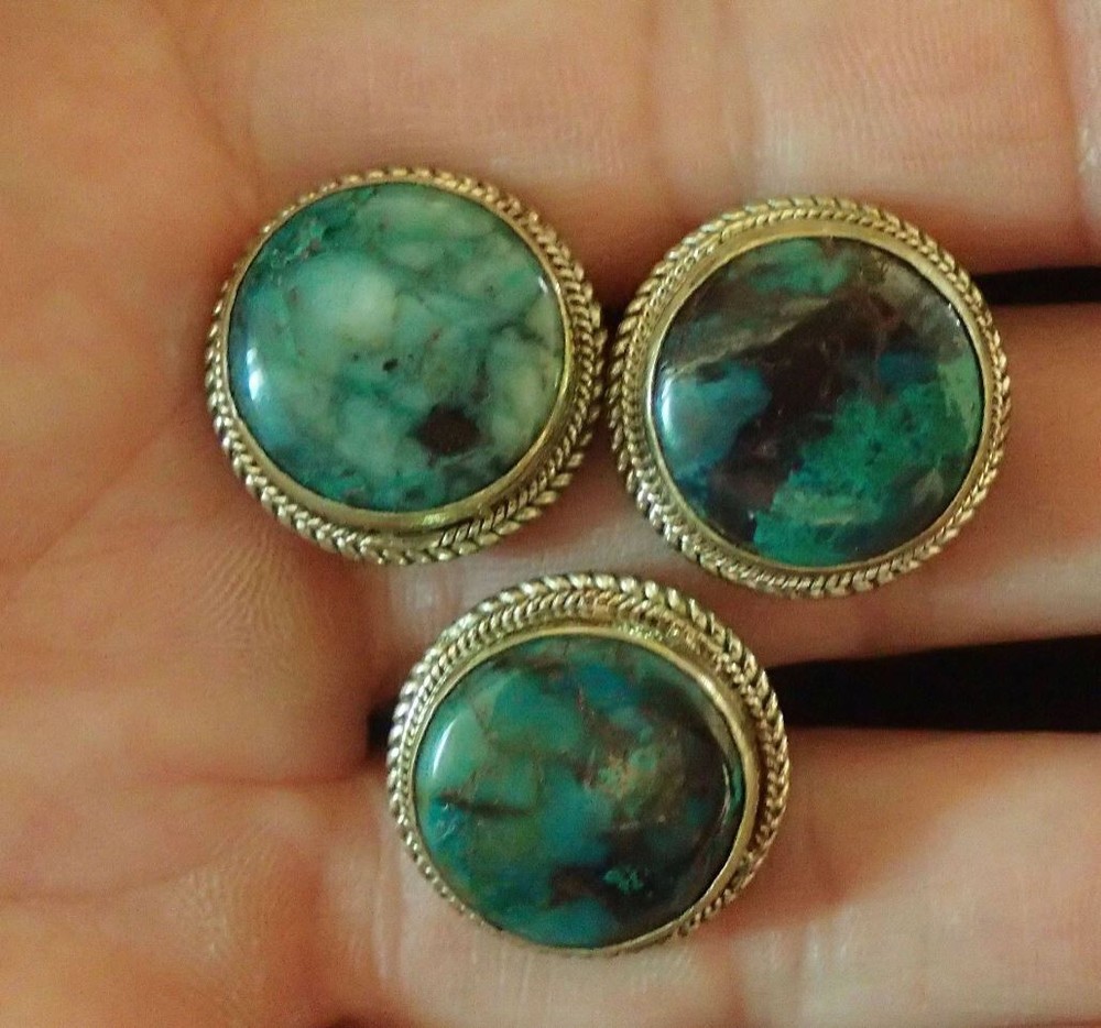 3 Stone Chrysocola in Brass Ring sz 11