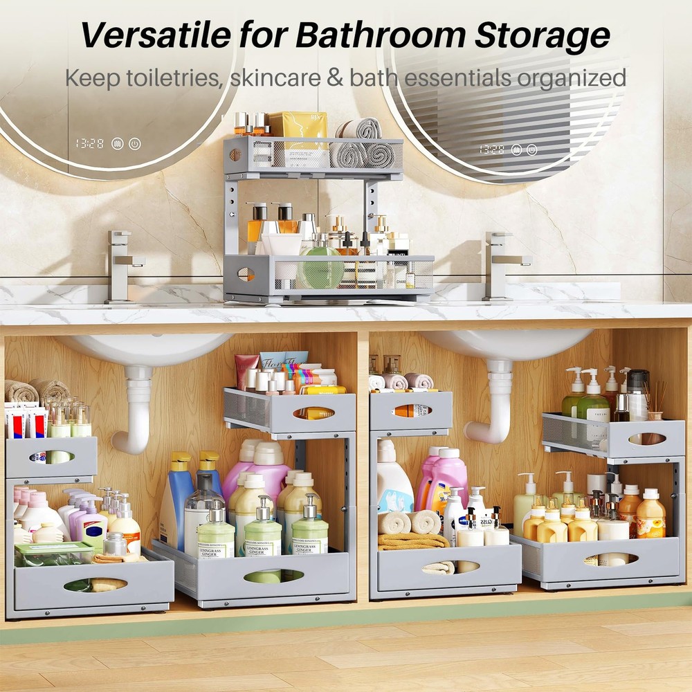 Under Sink Organizer, 2-Pack Pull Out Cabinet Organizer 2 (XL), Grey
