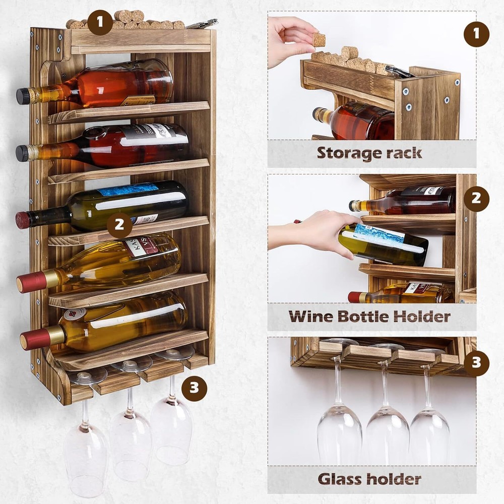 Wood Wine Storage Display Holder Rack Wall Mount Alcohol Shelf w/Stemware Holder