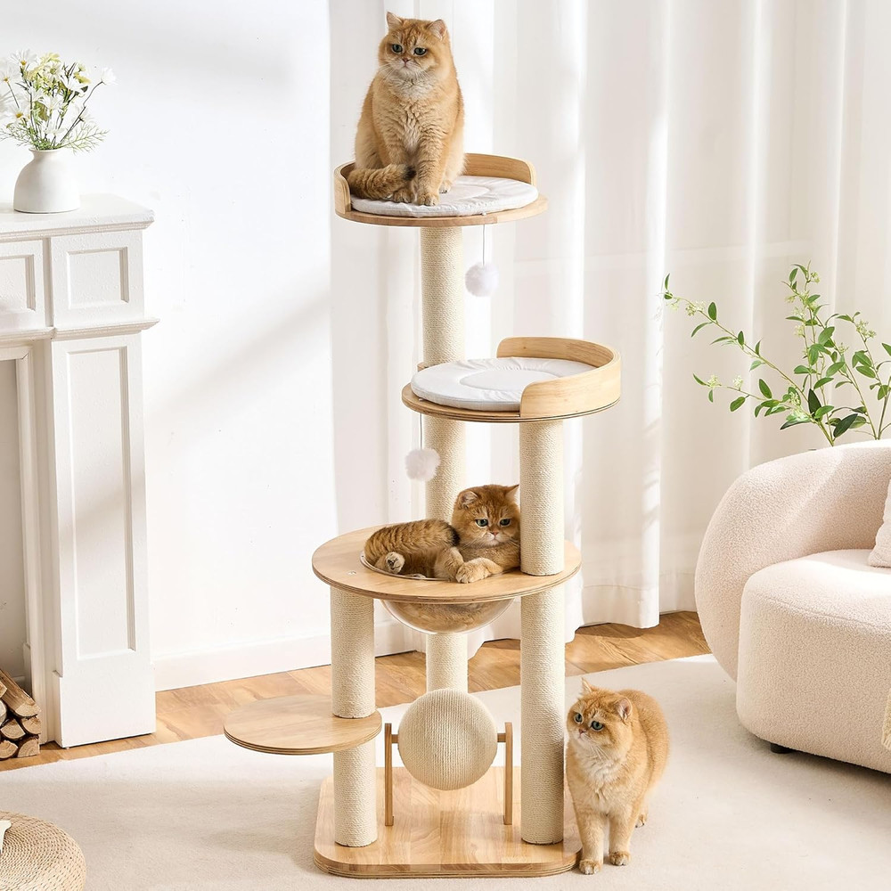 Modern Solid Wood Cat Tree Tower, 49" Tall Cat Tree with Sisal Scratching Posts
