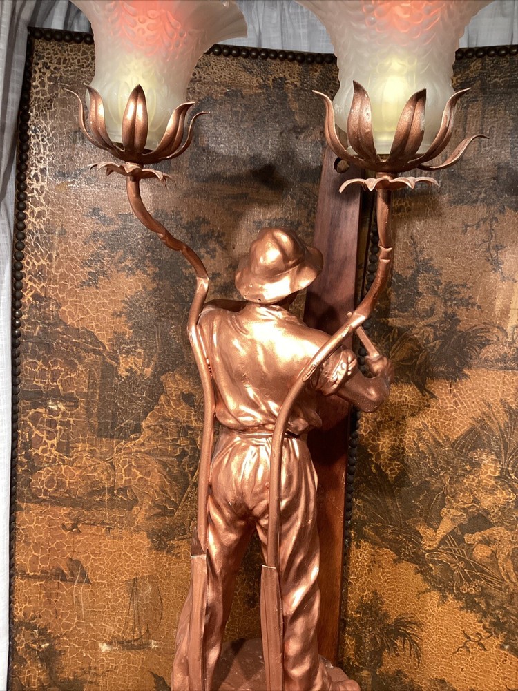 VINTAGE SPELTER TABLE LAMP MAN LE PAYSAN GERMANY WORKING