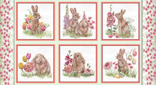 Easter Bunny Rabbit Fabric 24" X44" Panel Easter Wishes Cotton Blank Quilting