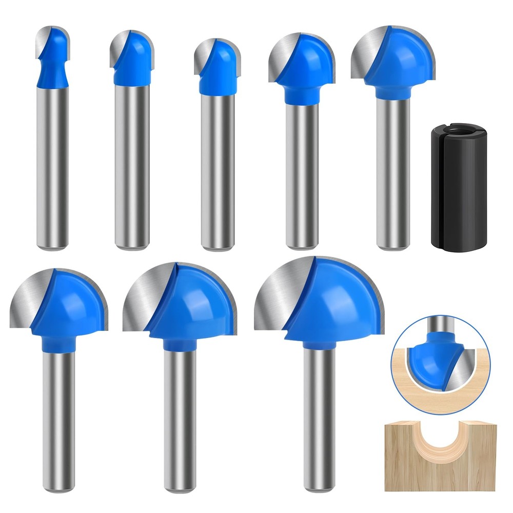 Core Box Router Bit Set, 8Pcs Solid Carbide 1/4 Inch Shank Woodworking Tool w...