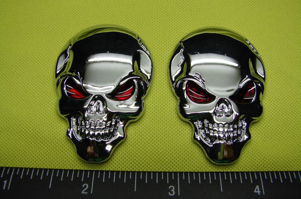 (2) SKULL METAL 3D EMBLEMS DECALS STICKERS LOGO. SILVER CHROME FINISH