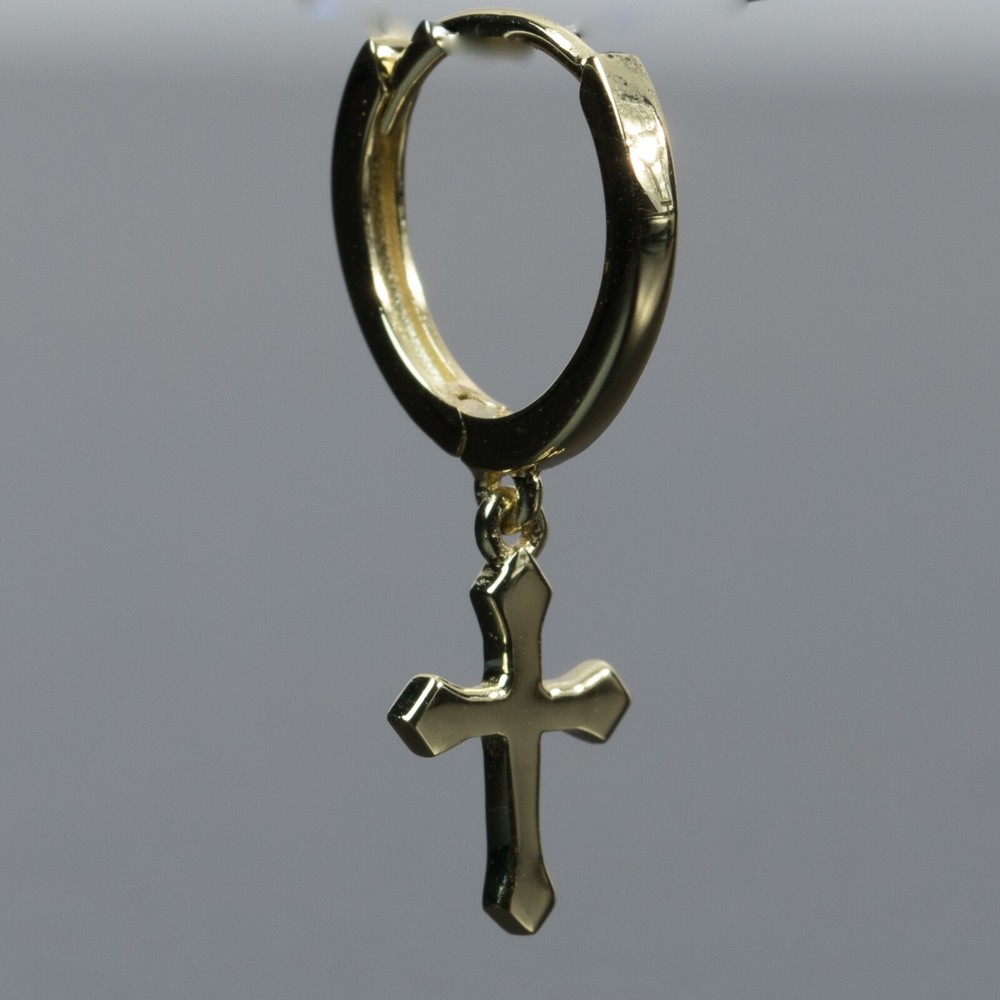 14K Gold Plated Solid Cross Drop Dangle Huggie Hoop Earrings For Men