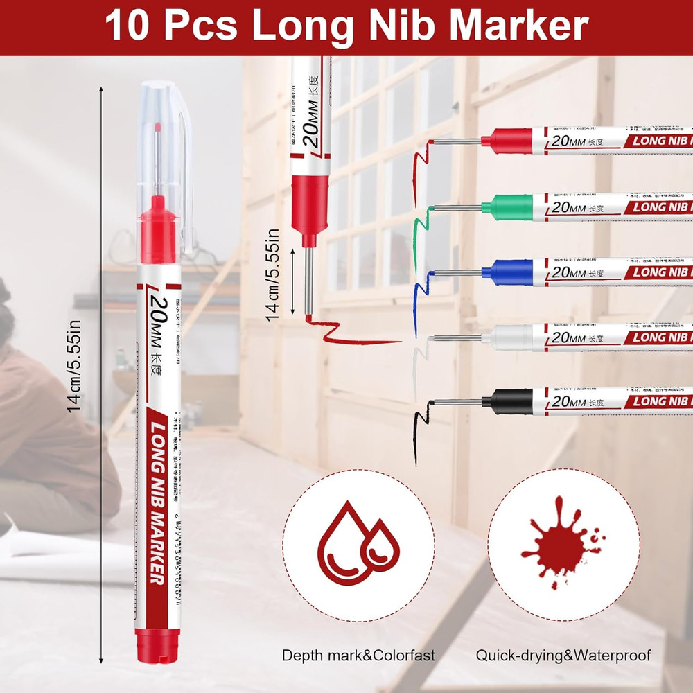 10 Pack Long Nib Marker, 20mm Long Head Deep Hole Markers Waterproof Constructio