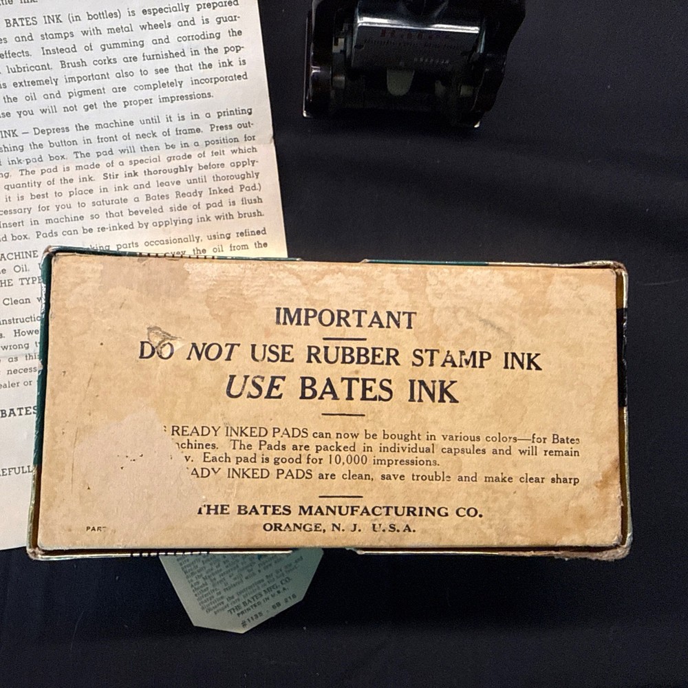 Vintage Bates Automatic Numbering Machine Stamp W/Box. 6 Wheels