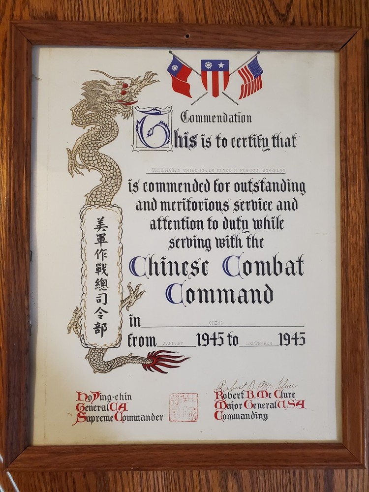 US WWII 1945 Chinese Combat Command Commendation Certificate