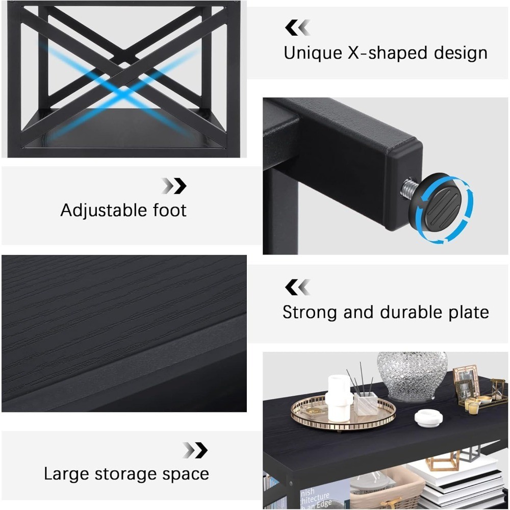 Large Storage Industrial X-Design 3-Piece Coffee Table Set with 2 End Side