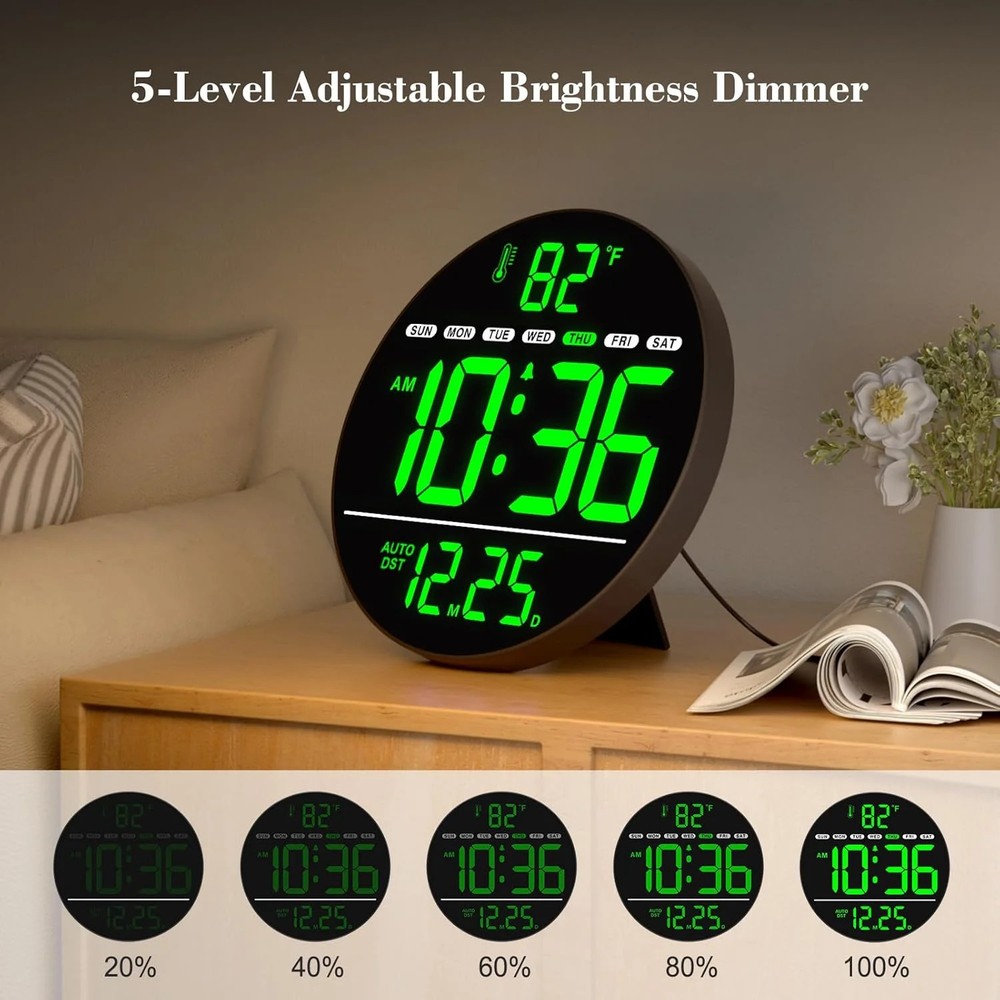 LED Digital Wall Clock Large Display Temp Date Day Auto DST Brightness