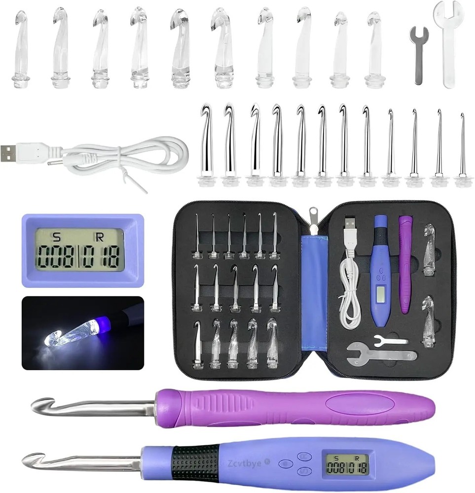 Crochet Hook Set with LED Light Stitch & Row Counter Digital Ergonomic Handle