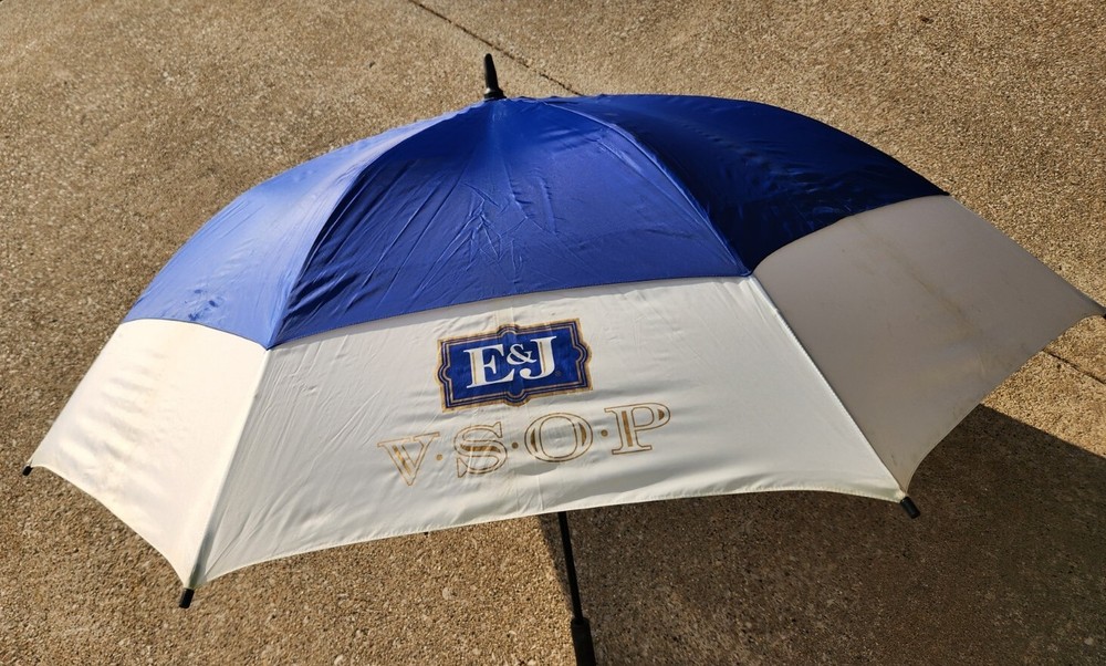 MAXFLI  Double Canopy Vented 57" Large Golf Umbrella Blue & White E&J VSOP Logo