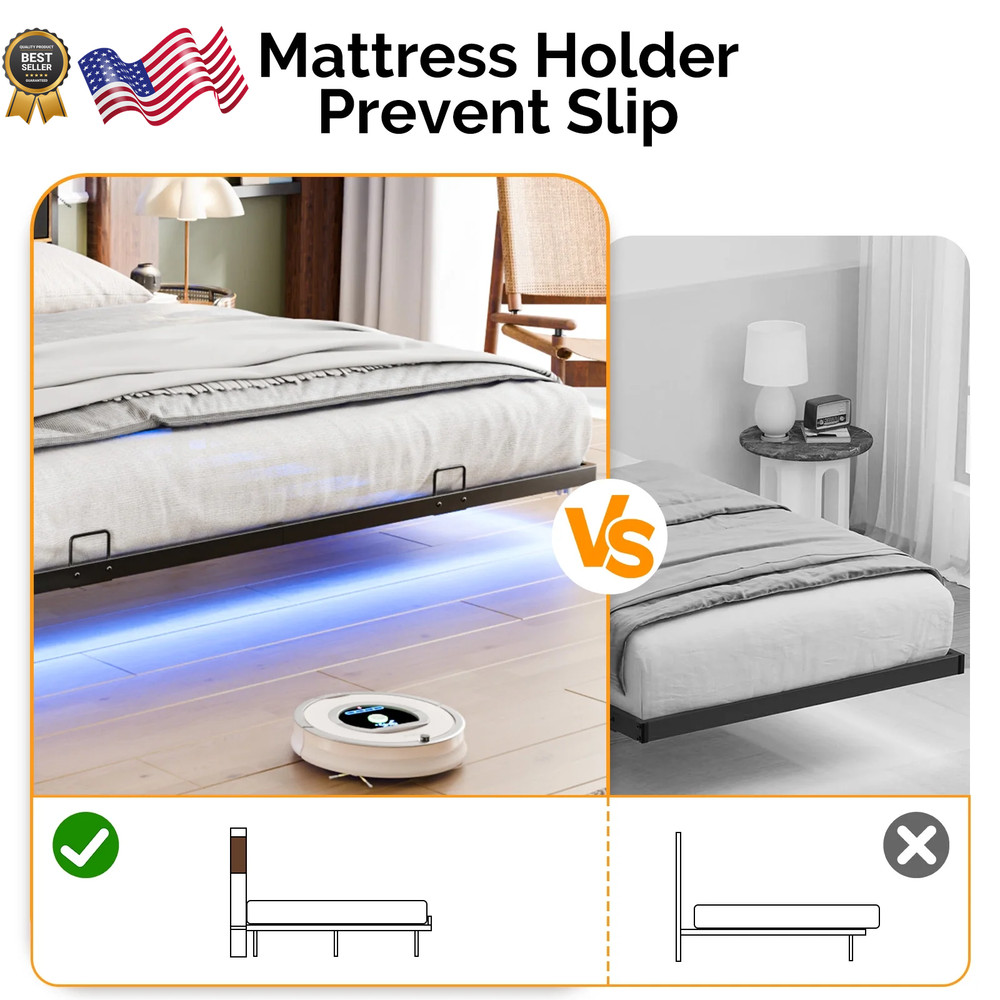 KING SIZE Floating Platform Bed Frame With Charging Station Storage Headboard