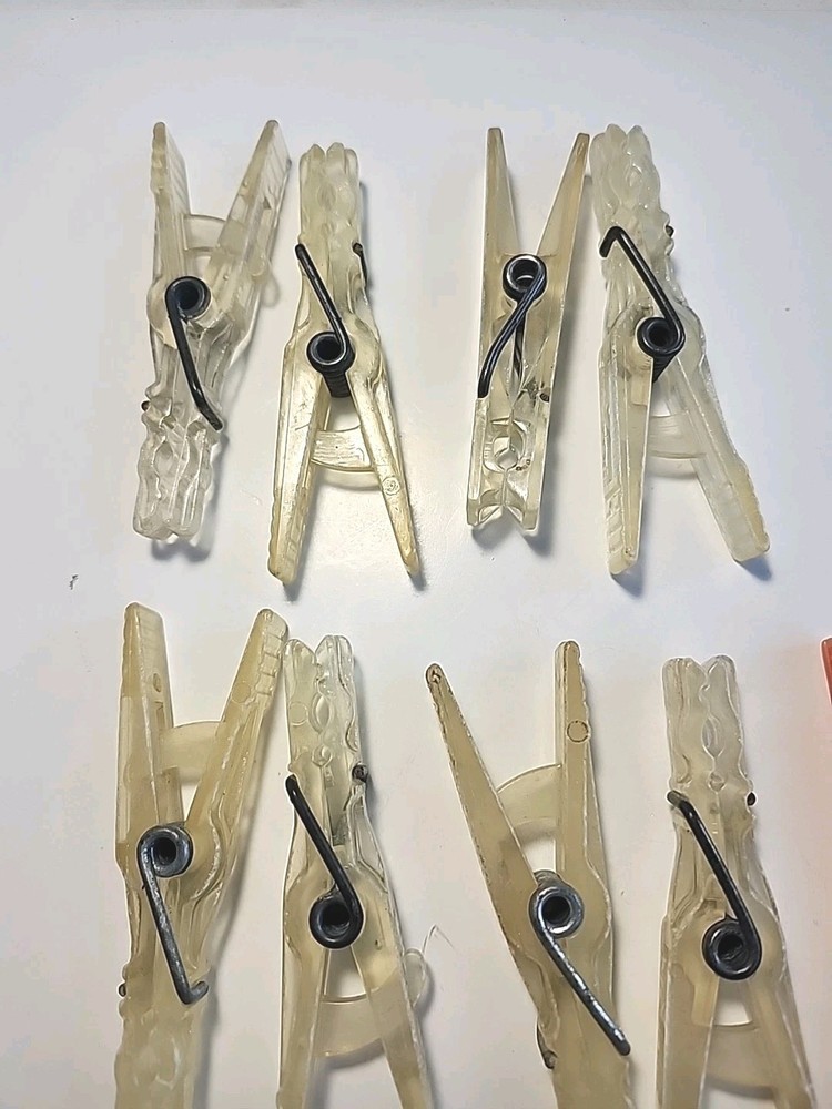 13 Vintage Clear Plastic Clothes Pins Lot Sturdy Spring -ee