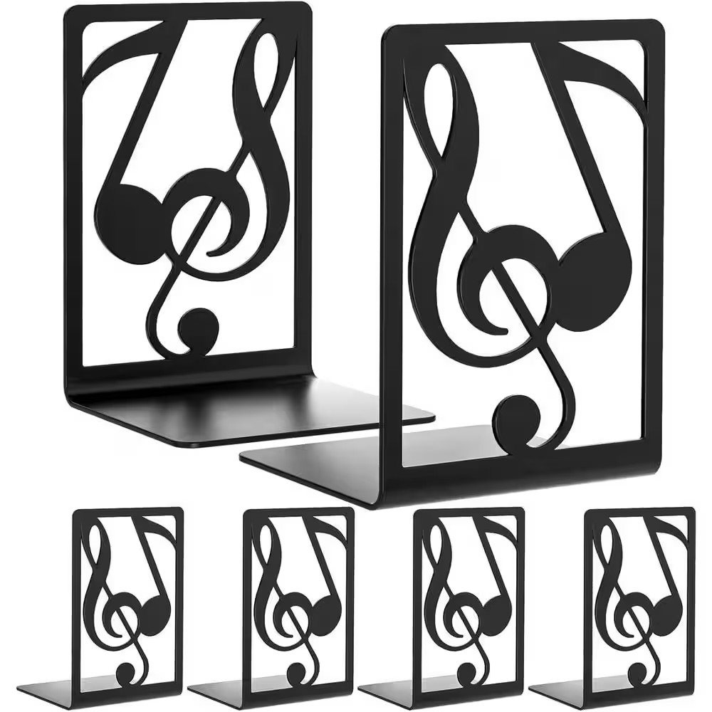 Black 3.6 In. X 7.3 In. Metal Musical Note Design Bookend, 3-Pair