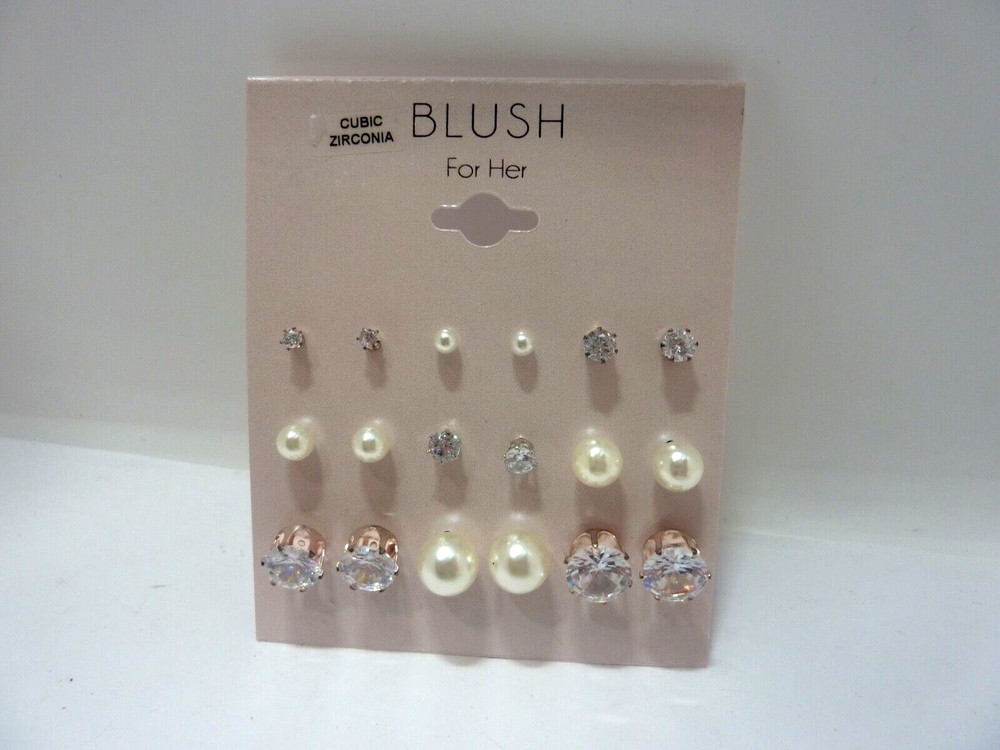 NEW BLUSH CUBIC ZIRCONIA 9 PC SET STUD POST EARRINGS
